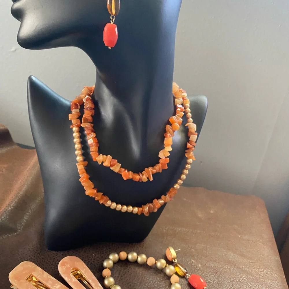 Carnelian Chips Nuggets Orange Necklace, Bracelet, Barrettes, Earring Set
